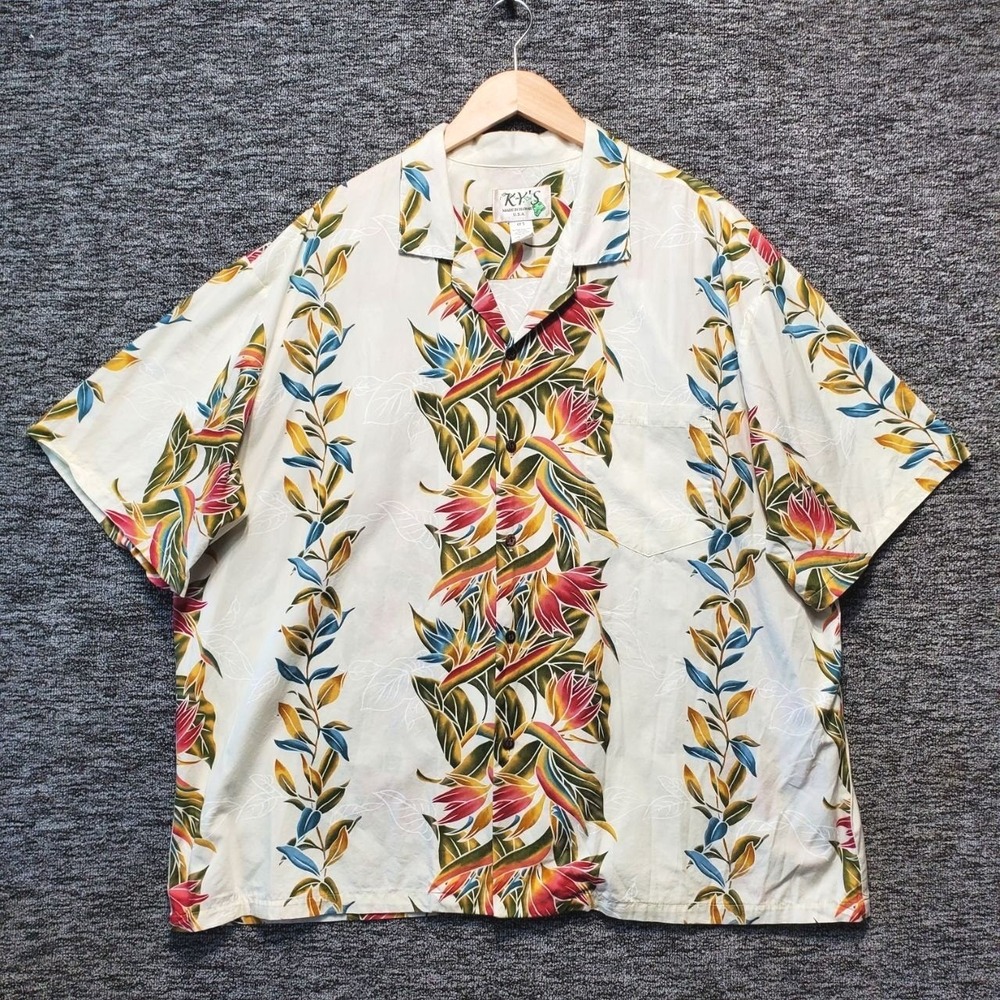 KYs Hawaiian Shirt Mens 3XL White Floral Bird of Paradise Cotton Aloha Party